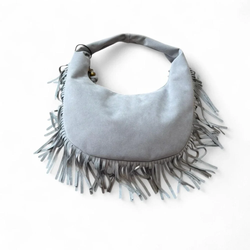 Juniper & Joy Gray/Blue Faux Suede‎ Fringe Hobo Shoulder Bag